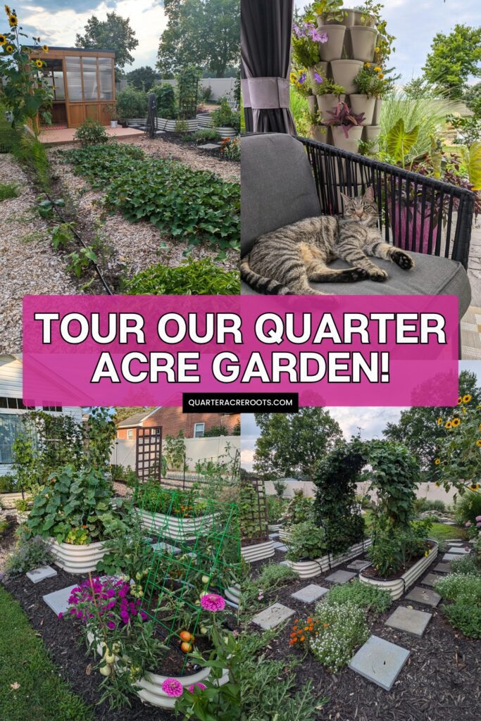 collage that says tour our quarter acre garden with pictures of a garden and a cat