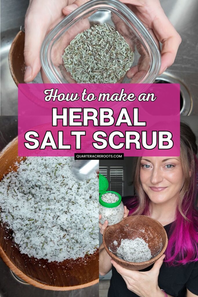 collage that says how to make an herbal salt scrub with pictures of the process