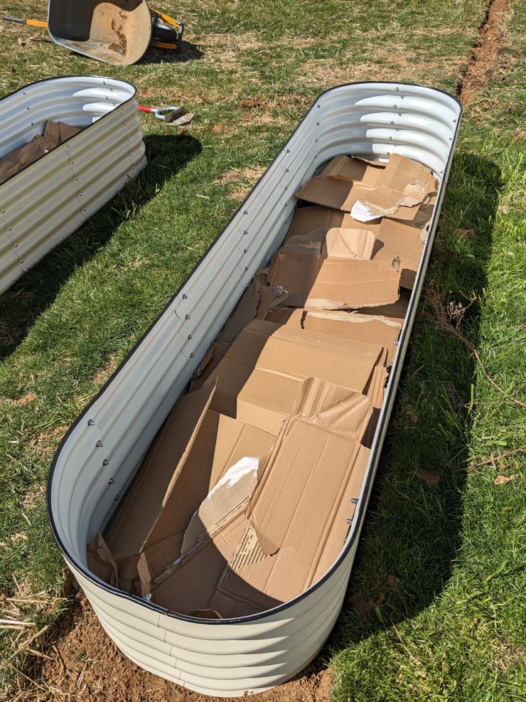 adding cardboard in the vego garden bed