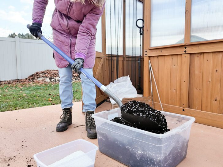 mixing homemade potting soil