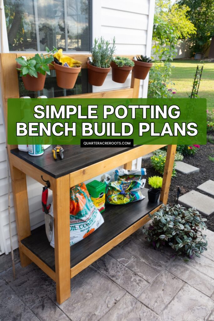 bench in a garden with text overlay that says simple potting bench build plans